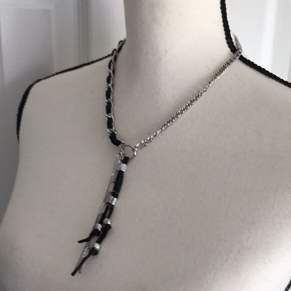Free People Silver Tone and Black Leather Striped Necklace - Picture 7 of 9